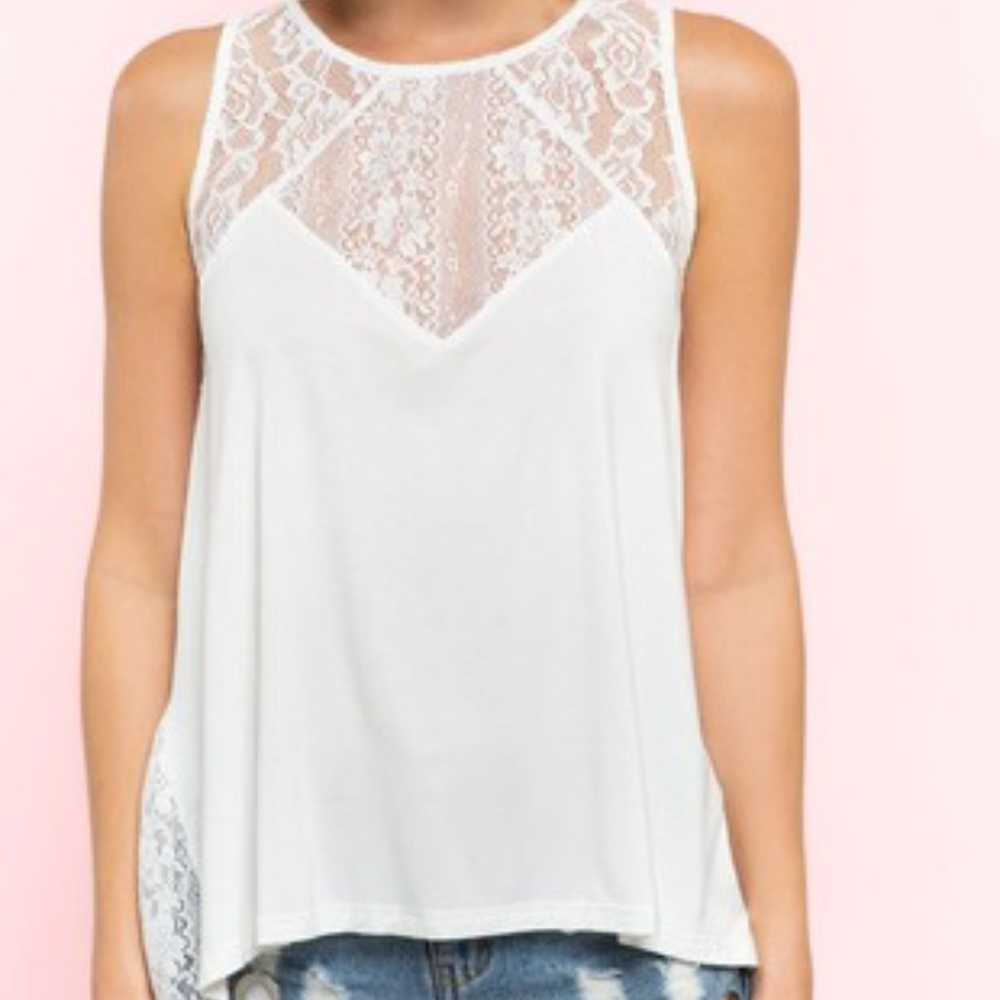 POL Lace Top Flowy Tank Blue/Grey L